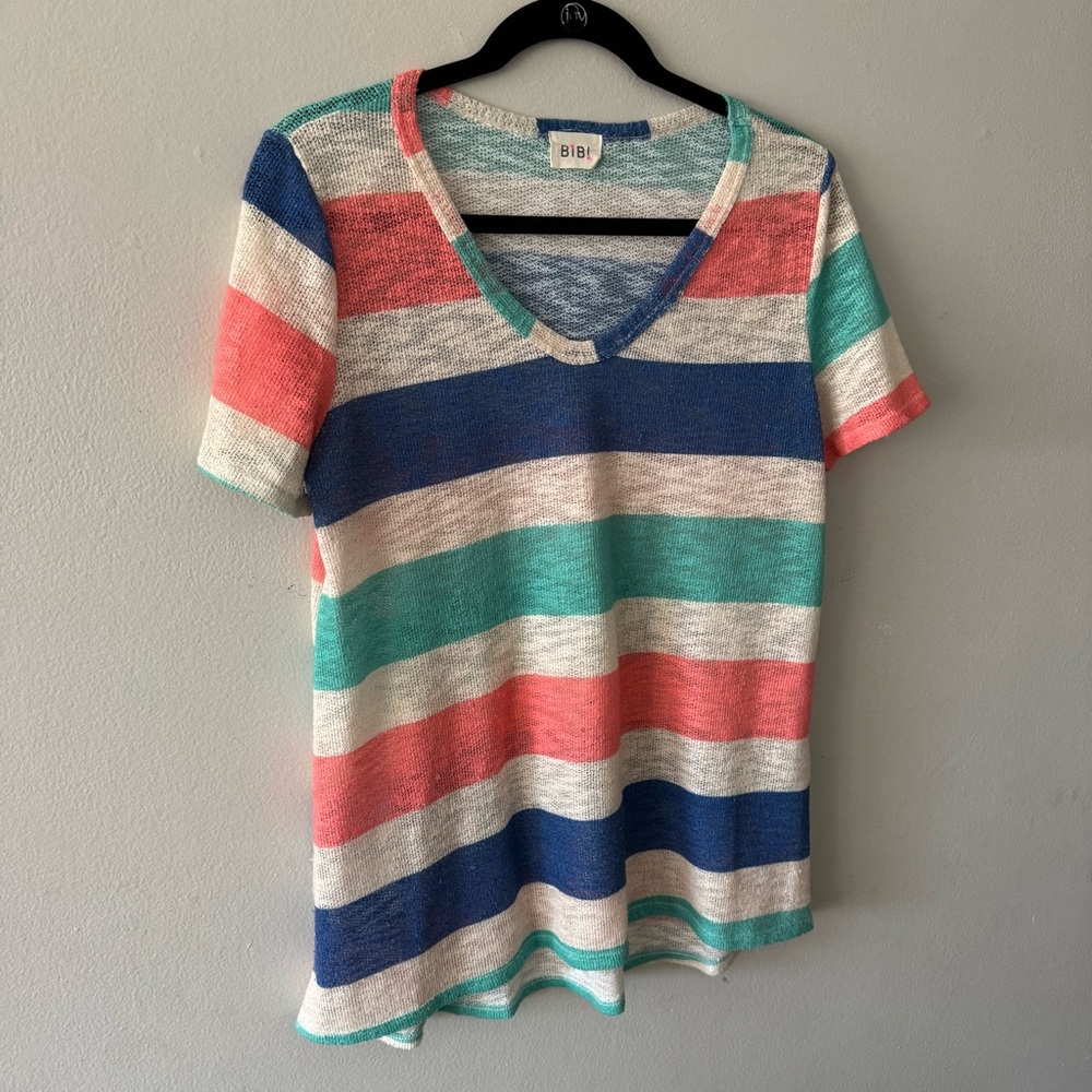 BiBi open knit v neck striped short sleeve top - Picture 6 of 14